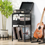 LELELINKY Record Player Stand with Fabric Drawer, 3 Tier AV Media Stands with Charging Station and USB Ports,Turntable Rack with Storage Up to 100 Vinyl Albums, Black DVD Video Game Console Shelf LELELINKY