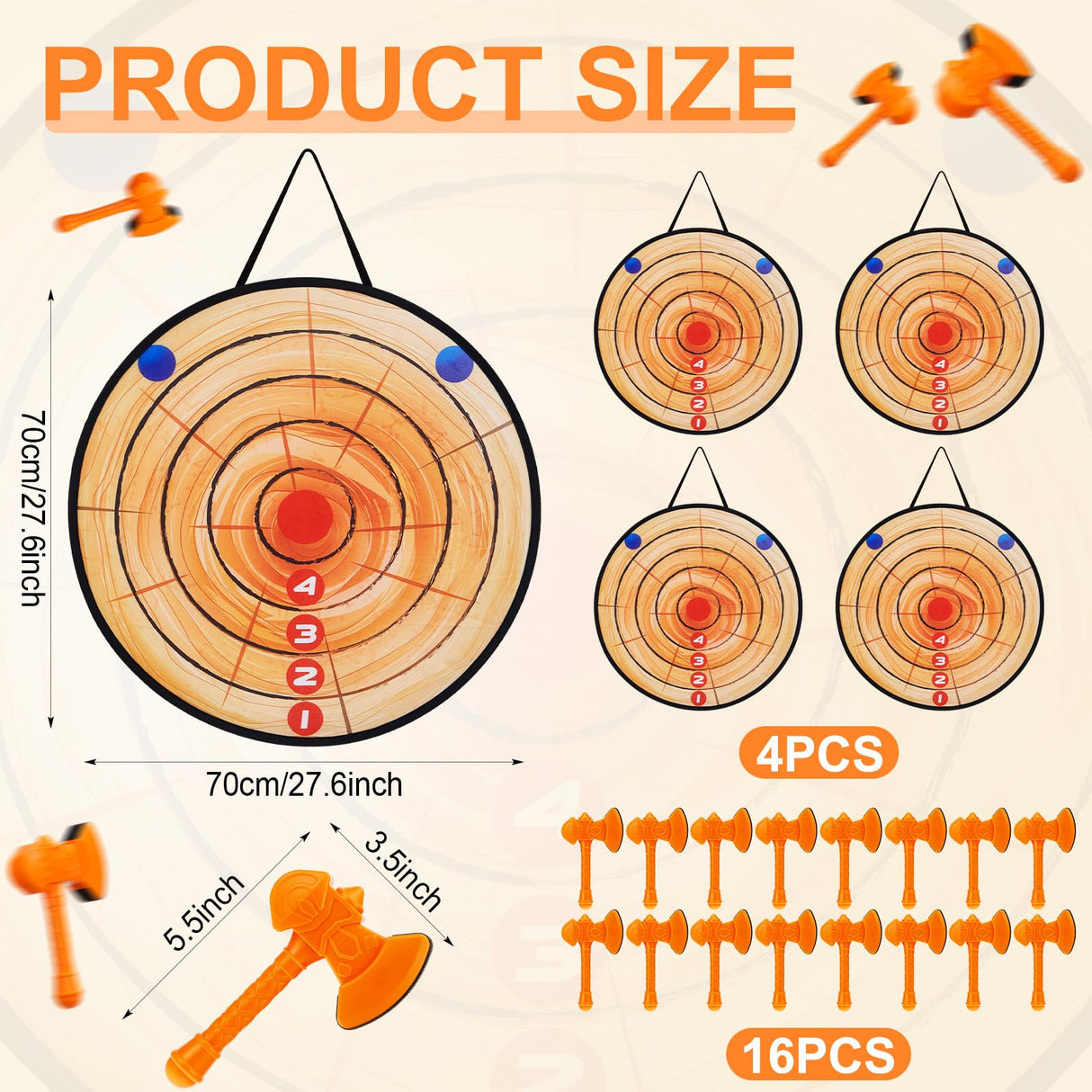 Hiboom 4 Set Axe Throwing Game Backyard Axe Throwing Toys Include 4 Pcs Dartboard and 16 Pcs Axes, Ax Throwing Game Ax Dart Games Indoor Outdoor Target Game for Party Camping(Light Brown) Hiboom