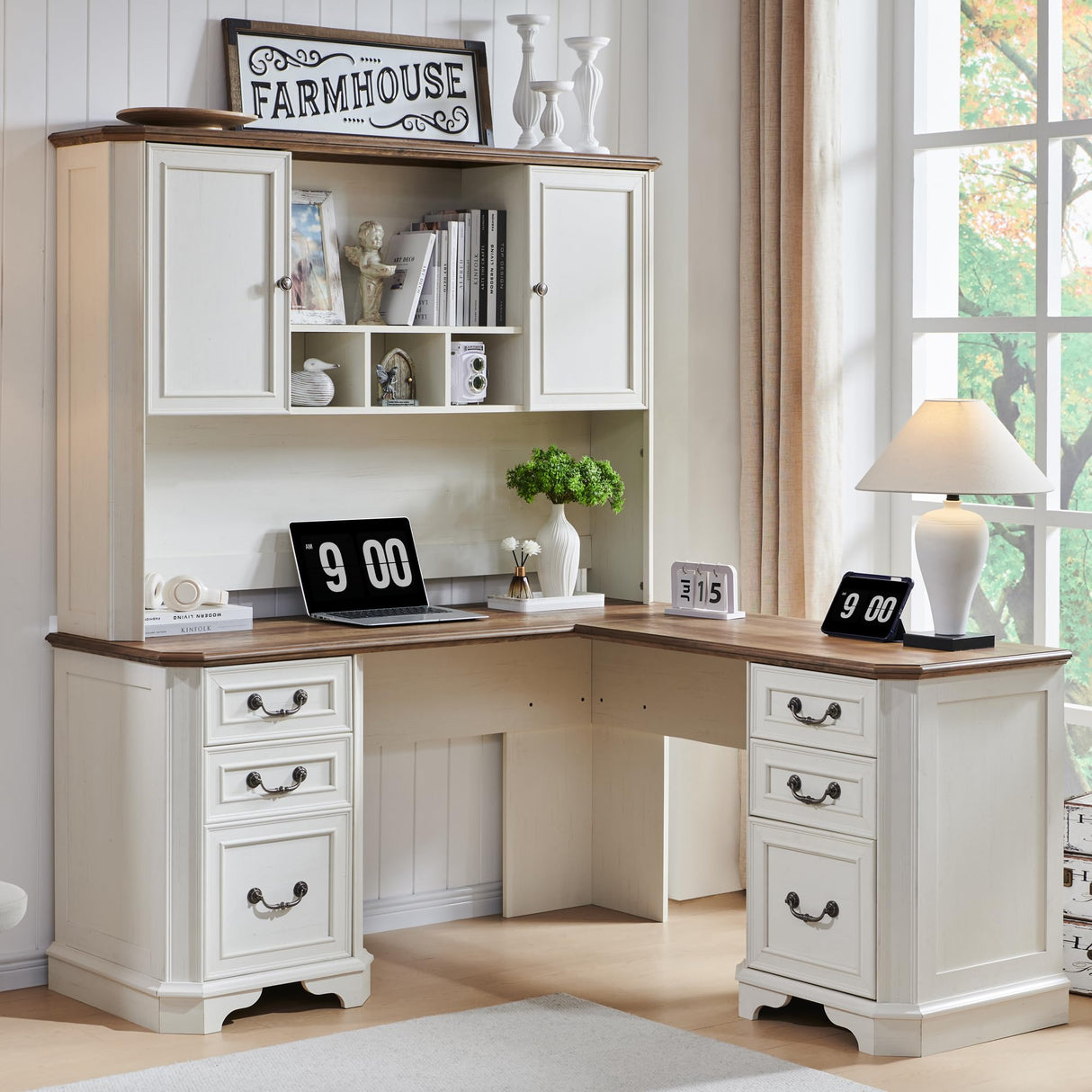 T4TREAM 59" L Shaped Executive Desk with Hutch,Farmhouse Wood Computer Desk, Featuring Charging Station,File Drawer, Storage Cabinet,for Home Office Work and Study (Antique White) T4TREAM