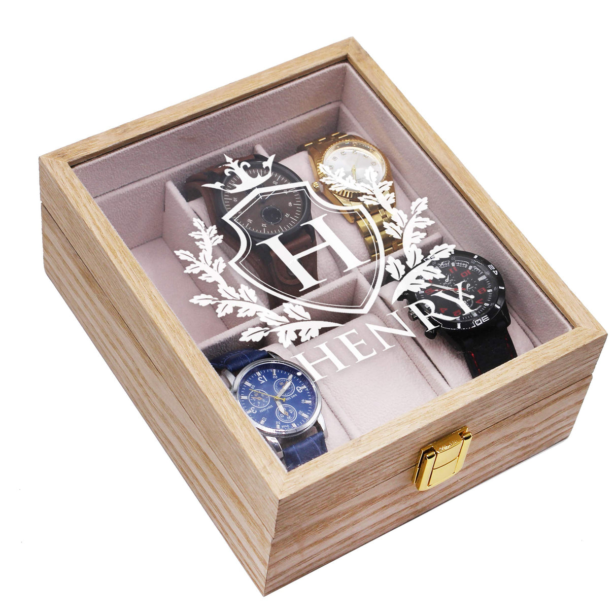 Custom Personalized 6 Slot Watch Storage Box and Glass Display Case - Customized with Your Engraved Style Choice (Distressed Wood) My Personal Memories