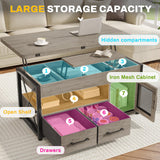 Itaar 40" Lift Top Coffee Table, 4 in 1 Coffee Tables with Storage Cabinet for Living Room, Small Farmhouse Coffee Table with 2 Fabric Drawers & LED Light for Dining Room, Grey Itaar