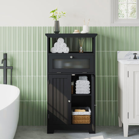 ChooChoo Bathroom Floor Storage Cabinet with Flip Glass Drawer, Bathroom Cabinets Freestanding with 2 Doors Adjustable Shelf and 1 Open Storage for Bathroom, Living Room, Hallway, Black ChooChoo
