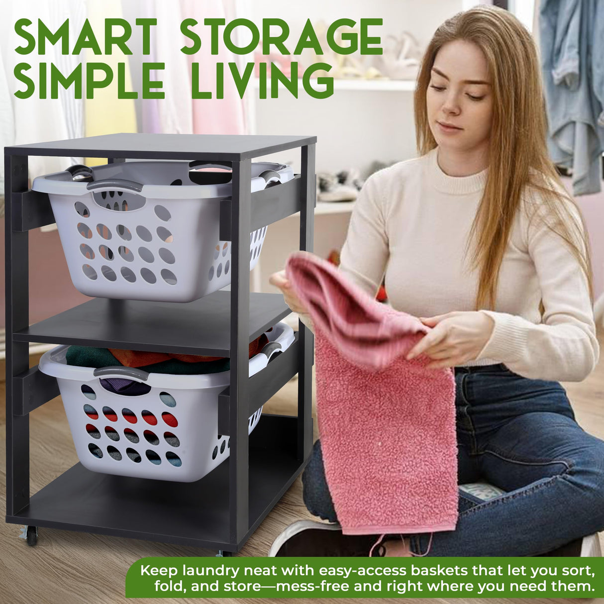 Laundry Basket Holder Shelf (2-Tier) - Stackable Engineered Wood Laundry Tower with Wheels, Tiered Laundry Hamper Organizer for Bathroom, Bedroom LEAPOAK