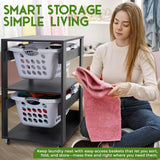 Laundry Basket Holder Shelf (2-Tier) - Stackable Engineered Wood Laundry Tower with Wheels, Tiered Laundry Hamper Organizer for Bathroom, Bedroom LEAPOAK