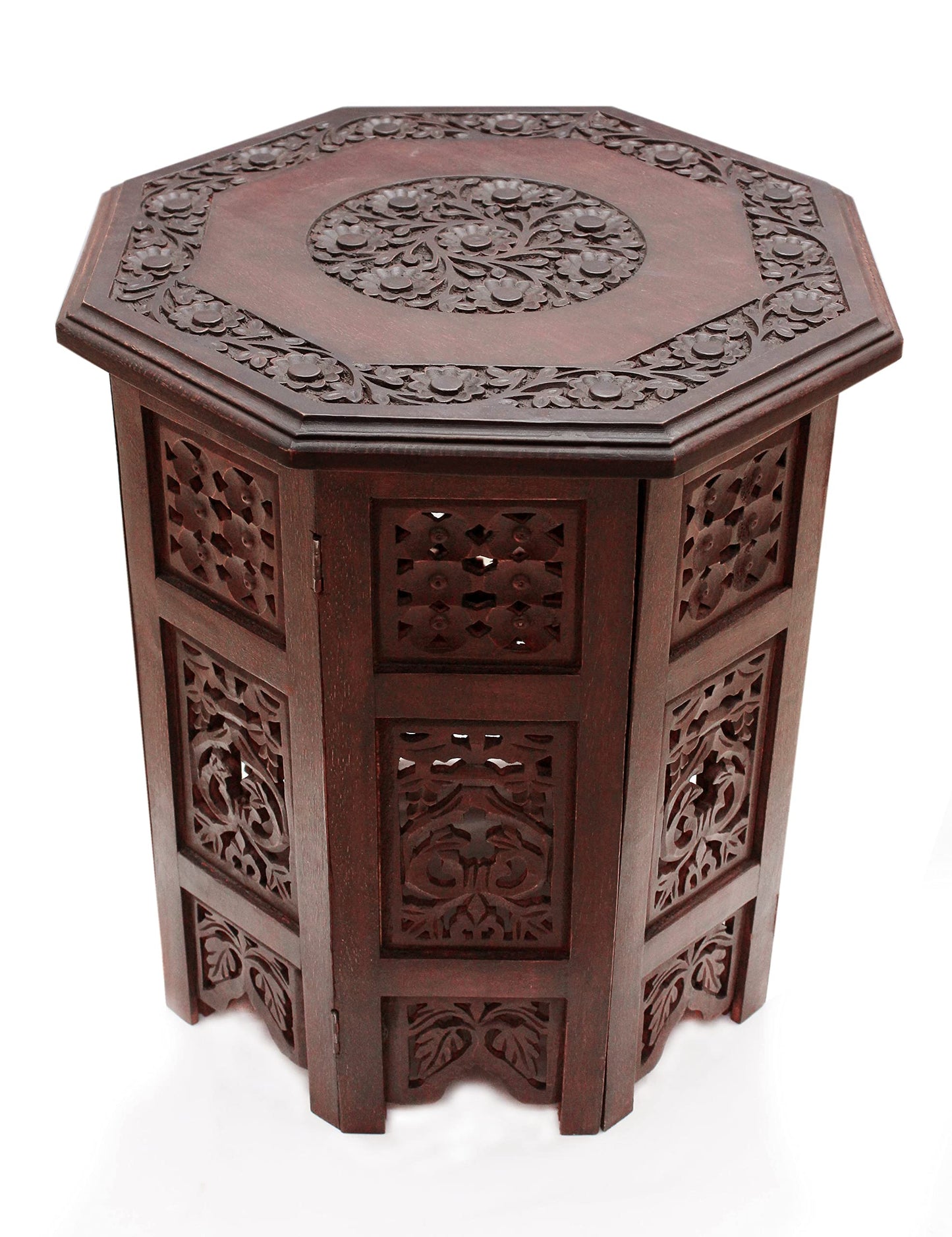 COTTON CRAFT Solid Wood Accent End Table - Hand Carved Vintage Boho Folding Side Table - Small Spaces Entryway Farmhouse Living Room Bedside - No