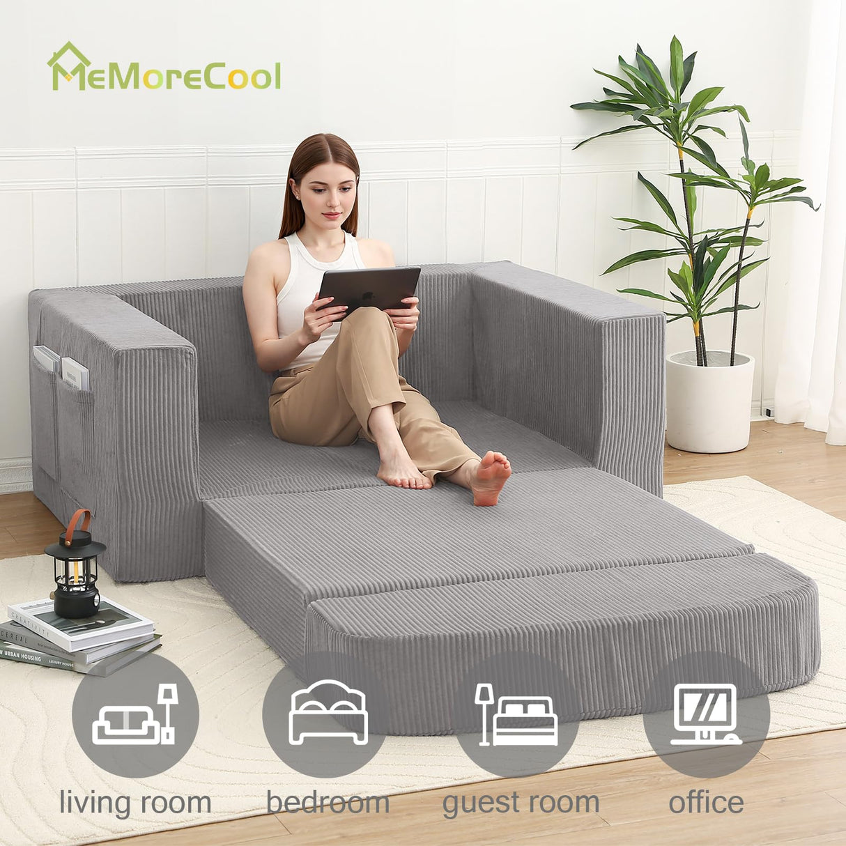 MeMoreCool Convertible Sofa Bed, Pull Out Loveseat Sleeper Sofa, Small Boneless Cloud Couch Bed for Adults, Fold Out Foam Love Seat Grey, Corduroy Folding Floor Couch for Bedroom MeMoreCool