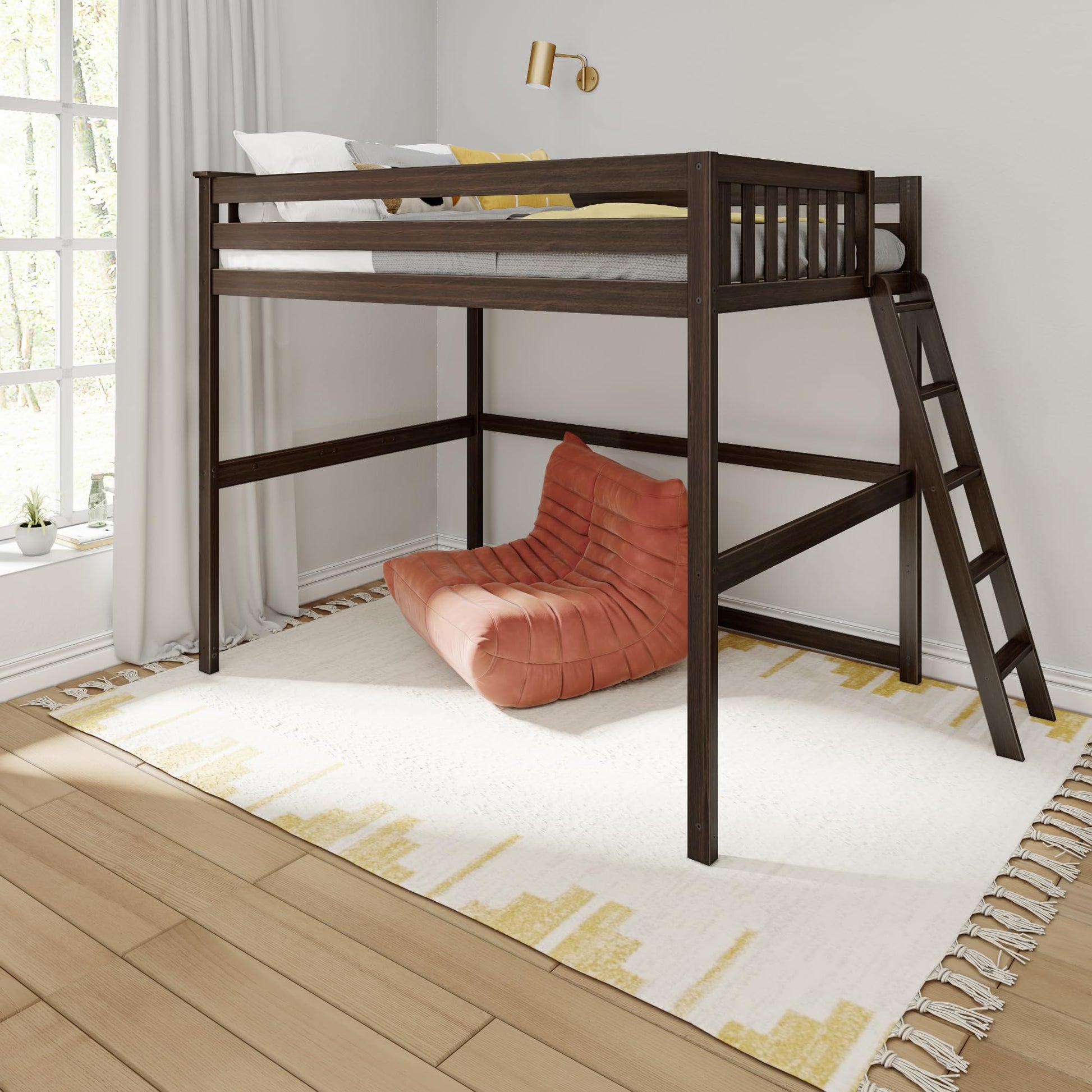 Max & Lily Walnut Full Size High Loft Bed with End Ladder - Solid Wood, Space-Saving Design for Kids/Teens - WoodArtSupply