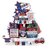 20 Pcs 4th of July Tiered Tray Decor Set - Patriotic Decorations for Independence Day & Memorial Day - Red, White & Blue Wooden Sign - Rustic Farmhouse Table Decor Mifoci