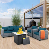 Lviden 4 Piece Wicker Patio Furniture Sets Outdoor Conversation Set PE Rattan Sectional Sofa Couch with Fire Pit Table and Peacock Blue Cushions Lviden