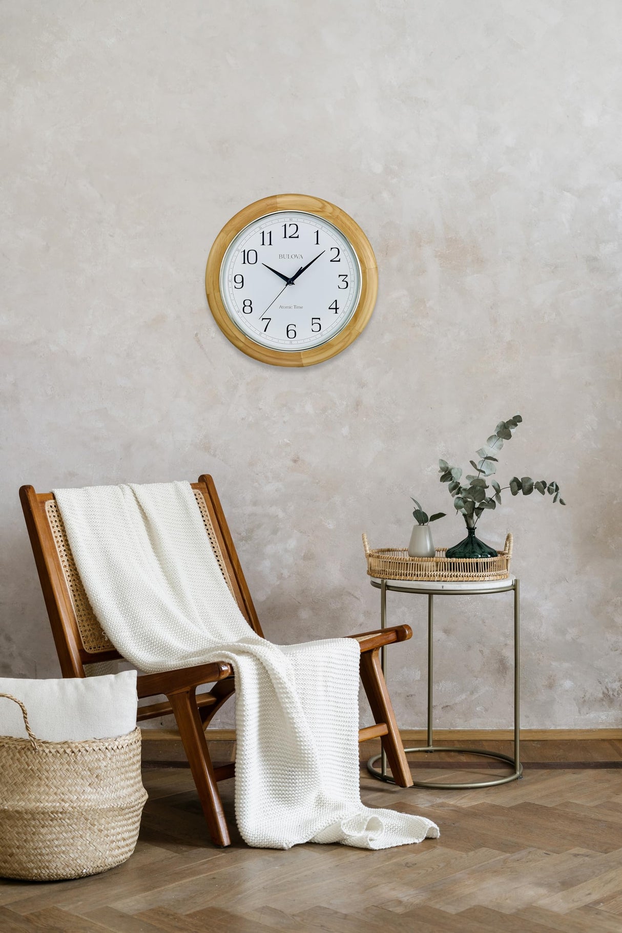 Bulova C5005 Wooden Atomic Analog Wall Clock | Automatically Sets Time | Large Roman Numerals | Battery Operated | Traditional Design Bulova