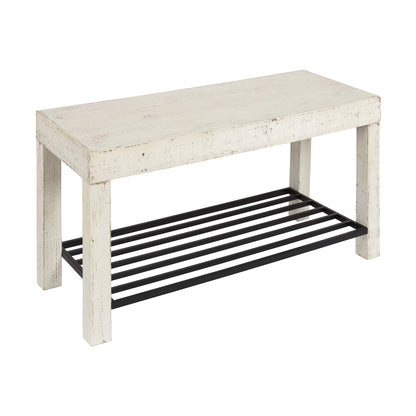 Kate and Laurel Jeran Rustic Farmhouse Bench with Iron Shoe Shelf, 36" x 14" x 20", White, Chic Entry Bench for Decor or Storage - WoodArtSupply