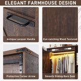 Farmhouse 3 Doors Armoire Wardrobe Closet w/Folding Sliding Barn Door and Lights, LED Armoire Closet w/Drawers for Bedroom, Freestanding Wooden Wardrobe Storage Closets w/Hanging Rod,Rustic Brown jiteentarou