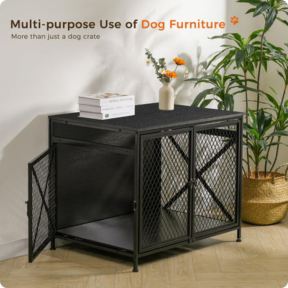 DWANTON Dog Crate Furniture, 25" L Three-Door Wooden Dog Kennel Indoor, Connectable Expansion, Wooden Dog Crate Table for Small/Medium/Large Dog, Dog House, Dog Cage Large, Black