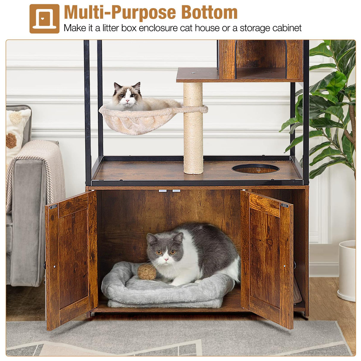 Cat Litter Box Furniture Enclosure 4 Levels Cat Tree Hidden Cabinet with Storage and Scratch,4 Tiers GUTINNEEN