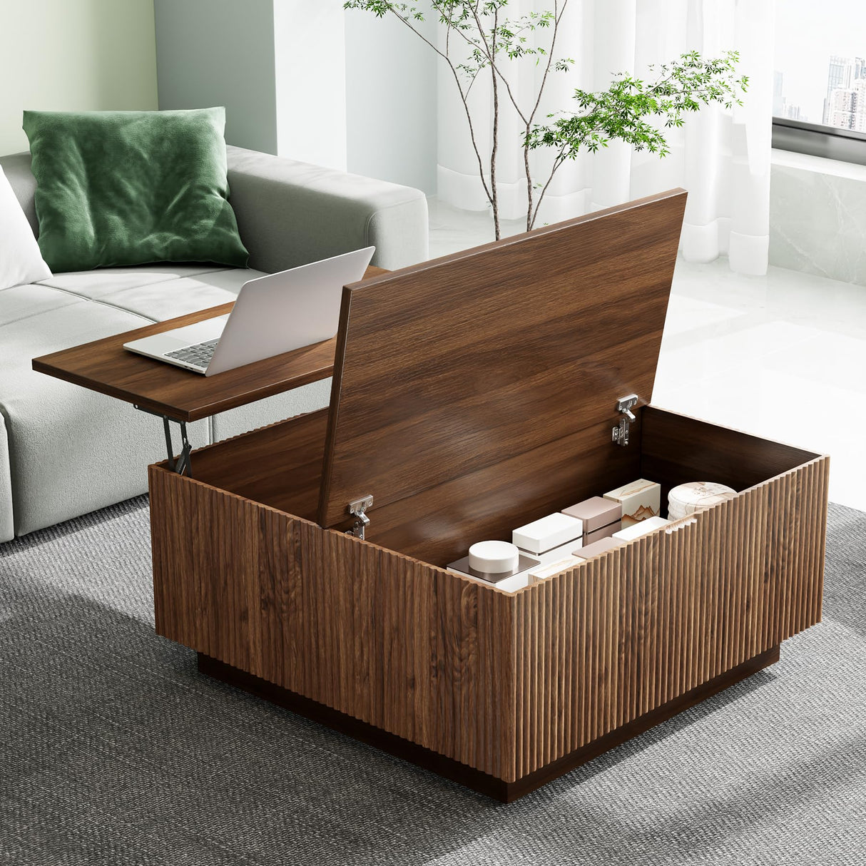 Epecoya Lift Top Coffee Table, Farmhouse Square Fluted Center Table, 31" Modern Wooden Tea Table with Hidden Storage for Living Room, Apartment, Small Spaces, Brown Walnut Epecoya