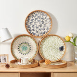 Round Rattan Tray with Mother of Pearl Inlay, Rattan Serving Tray with Wooden Base, Decorative Wicker Basket for Table Decor, Storage and Display of Coffee Bread Food Fruit (Leaf) Kmelep