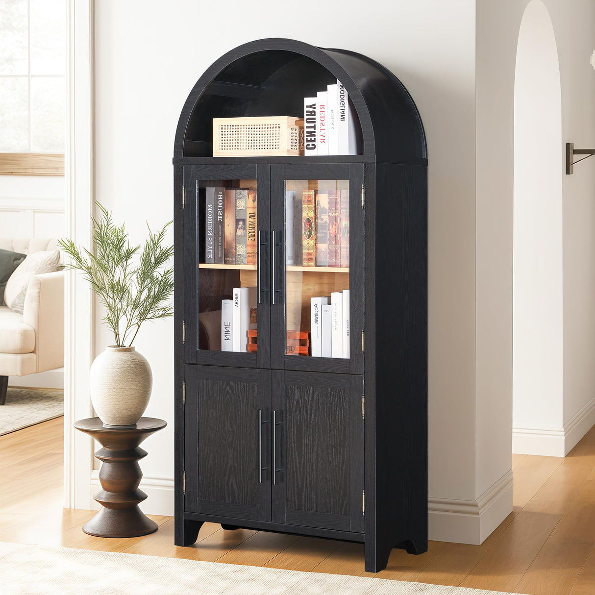 71" Farmhouse Tall Arched Pantry Storage Cabinet, Display Cabinet with Glass Doors,China Cabinet,Curio Cabinet, Bookshelf&Bookcase with Doors, Kitchen、 Dining Room、 Living Room Furniture, Black FUSUNBAO