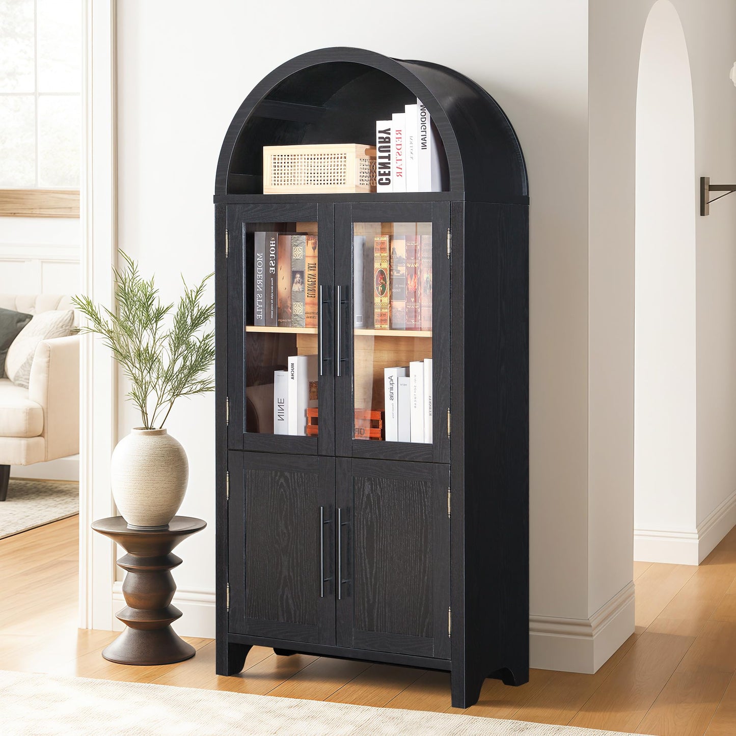 71" Farmhouse Tall Arched Pantry Storage Cabinet, Display Cabinet with Glass Doors,China Cabinet,Curio Cabinet, Bookshelf&Bookcase with Doors, Kitchen、 Dining Room、 Living Room Furniture, Black