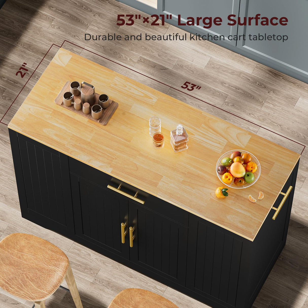 Lyromix 53" Long Kitchen Island with Trash Can Storage, Black Kitchen Island with Garbage Bin 10 Gallon, Portable Island with Trash Can, Wood Top, Spice Rack and Drawers Lyromix