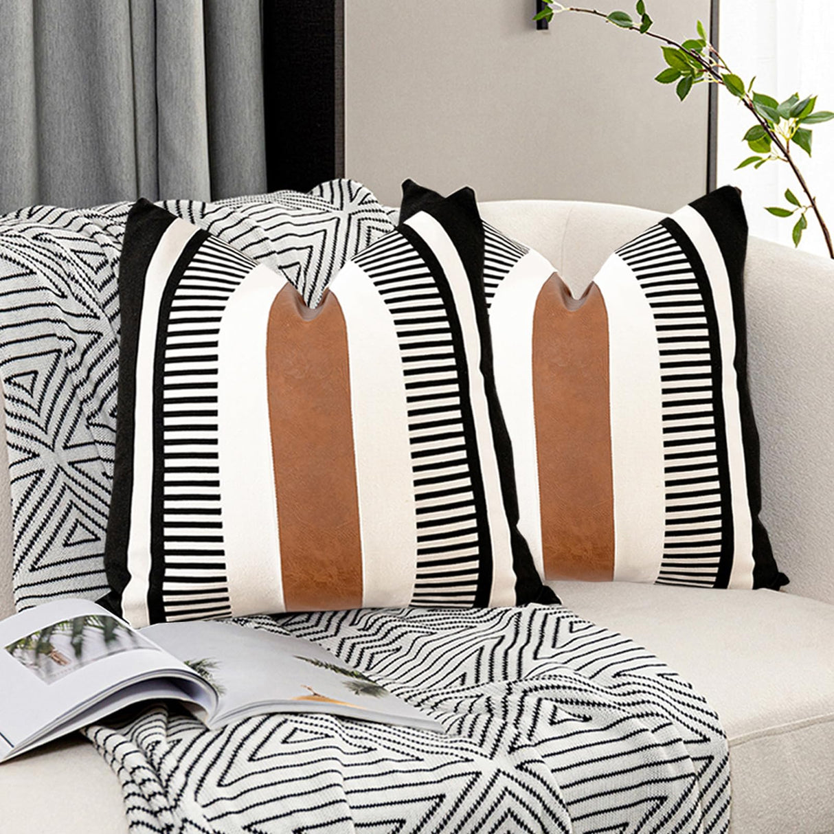 Vfuty Pack of 2 Farmhouse Throw Pillow Covers for Couch Sofa Decorative Faux Leather Square Cushion Cover Tribal Stripe Accent Pillow Case 18 x 18 Inch,Black Vfuty