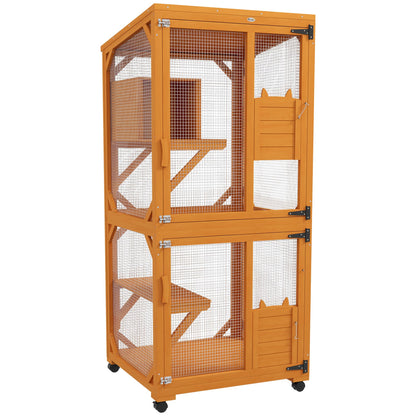 PawHut Wooden Catio with Waterproof Roof, Large Cat House with High-Up Resting Box, Indoor & Outdoor Cat Enclosure with Wheels, for 1-3 Cats, Orange - WoodArtSupply