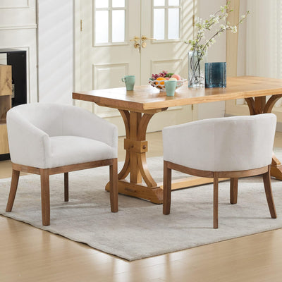 OIKIIWOO Upholstered Solid Wood Dining Chairs Set of 2,Neutral Linen Fabric Side Chair for Kitchen,Living Room,Farmhouse Round Barrel Chairs,Minimalist Accent Chairs Natural Wood Frame