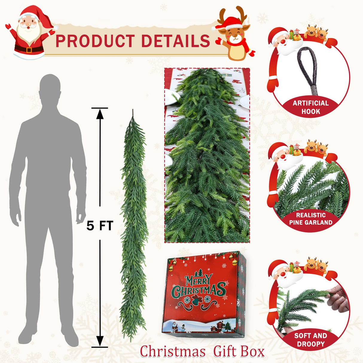 60 Inch Christmas Cedar Garland for Staircase Real Touch Droopy Bendable Lifelike Faux Xmas Garlands for Decoration Christmas Green Pine Mantle Garland Thanksgiving Table Decorations Outdoor Indoor LZNPA