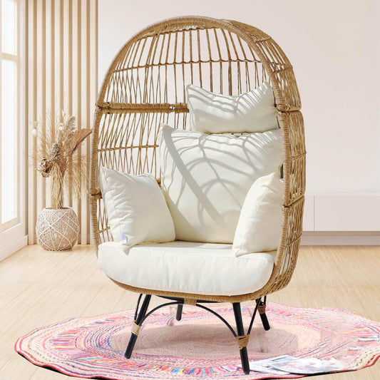 NICESOUL Modern Stationary Wicker Egg Chair with 5 Thicken Cushions, Indoor Outdoor Large Oversized PE Rattan Egg Basket Chair Boho Lounger for Living Room Bedroom Porch Patio Backyard, 440 lbs Beige