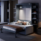 Murphy Bed Cabinet Queen Size with Sofa, Queen Murphy Bed with Couch, Adult Wall Murphy Queen Size Bed Frame with Storage Shelves and LED Lights, Grey Merax