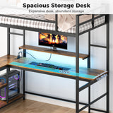 Tatub Twin Loft Bed with Large Desk and LED Lights, Metal Loft Bed Frame with Ladder, Storage Shelves and Adjustable Monitor Stand, Space-Saving Bed for Teens, Kids, Adults, Black Tatub