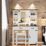 GlasFlength Farmhouse Makeup Vanity with Lighted Mirror,Vanity Desk with Charging Station,Vanity Table with Hidden Jewelry Cabinet,40'' Makeup Table with Glass Tabletop,Stool Included,Vintage White GlasFlength