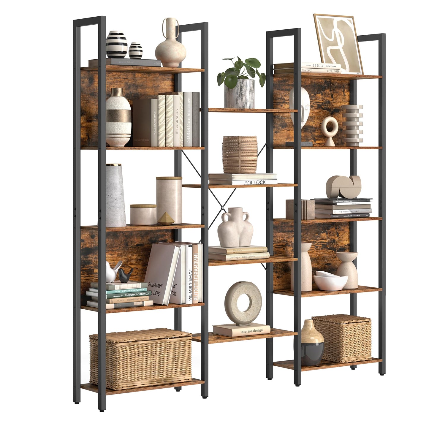 VASAGLE Industrial 5-Tier Bookcase with 14 Shelves in Rustic Brown and Black - WoodArtSupply