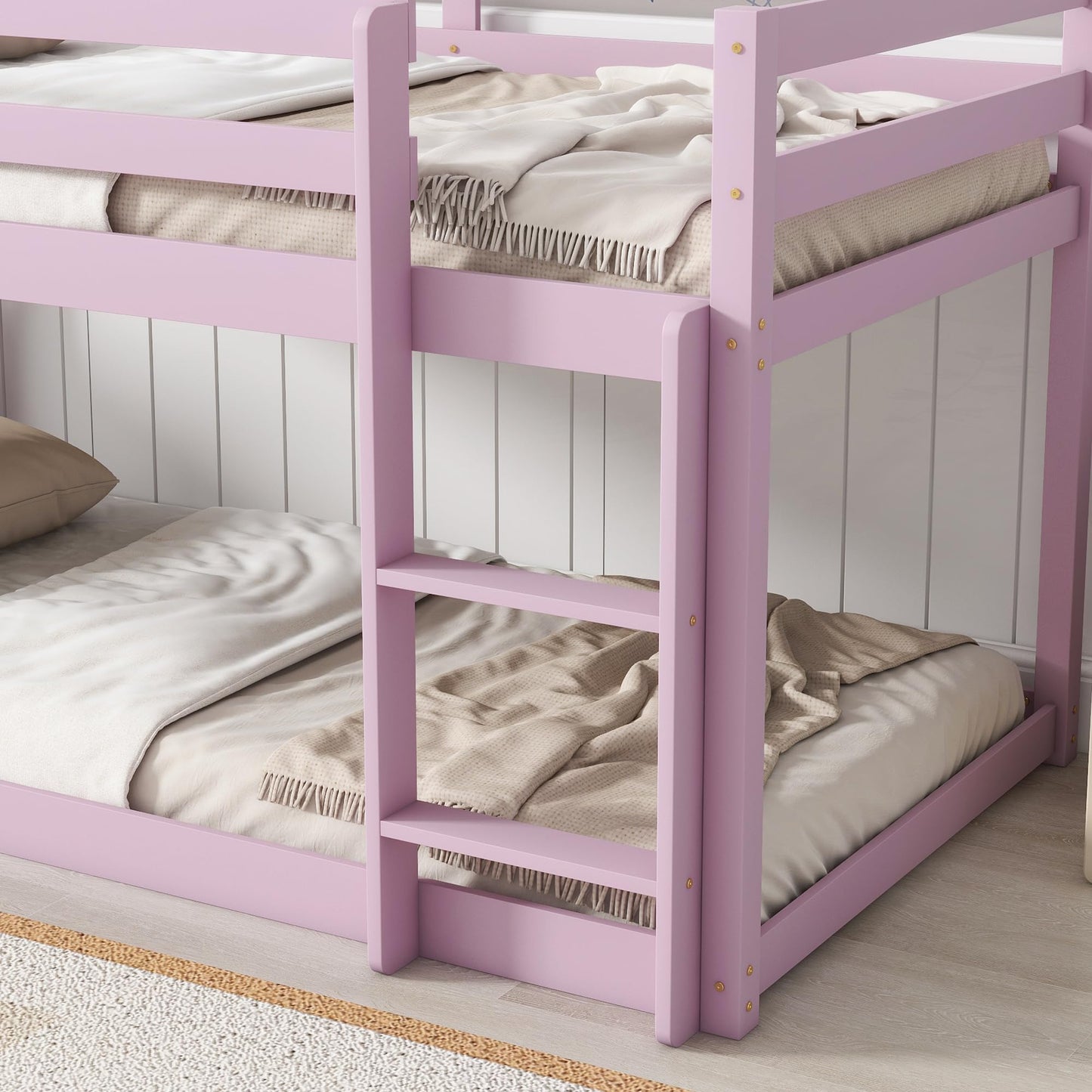 Twin Over Twin Bunk Bed with Full Guardrails and Ladder,Low Bunkbed Fram w/Safety Guard Rails for Teens Adults No Box Spring Need (Pink)