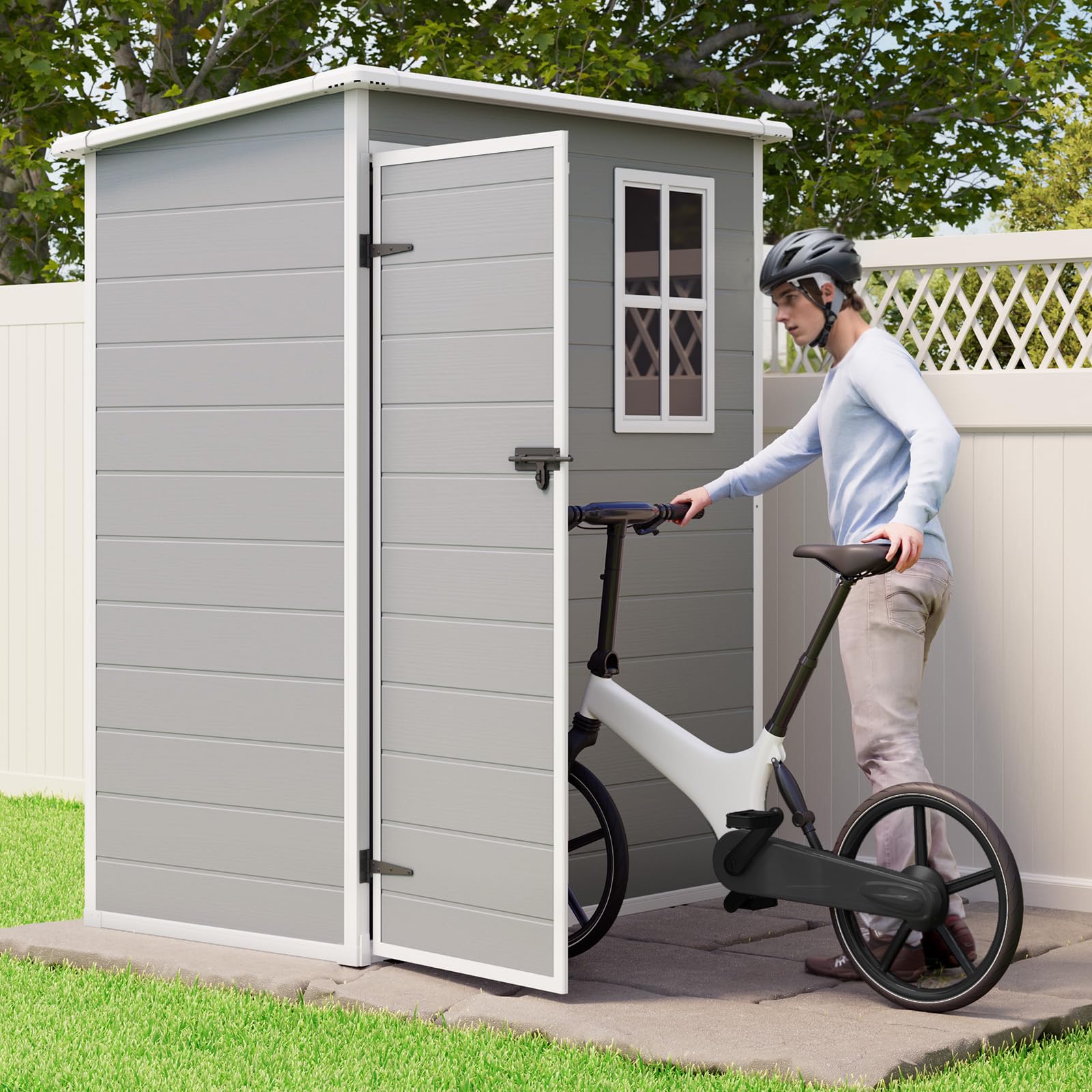 Gizoon Outdoor Resin Storage Shed 5x3 FT, Plastic Garden Shed with Floor for Tool, Garbage Can, Bike, Outside Sheds & Outdoor Resin Shed with Lockable Door for Patio, Lawn, Backyard, Grey & W - WoodArtSupply