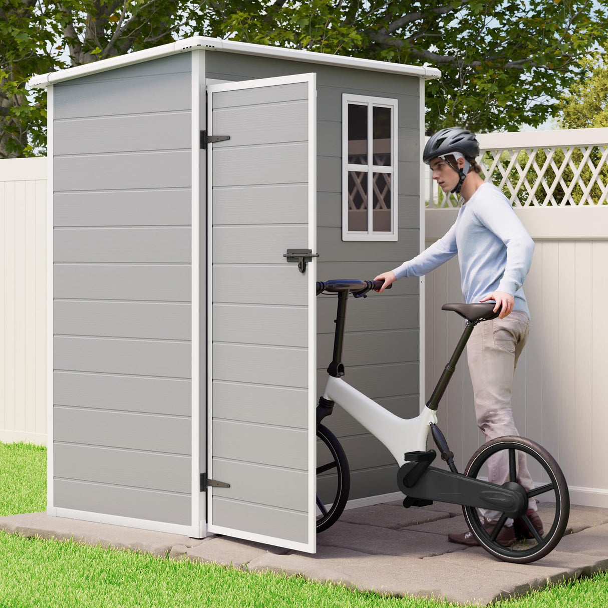 Gizoon Outdoor Resin Storage Shed 5X3 FT, Plastic Garden Shed for Bike, Garbage Can, Tool, Outside Sheds with Lockable Door for Backyard Patio Lawn, Grey & White Gizoon
