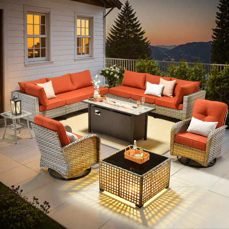 Outdoor Sectional Patio Furniture Set with Fire Pit Table and Swivel Rocking Chairs,11 Pieces Wicker Conversation Sets L Shaped Couch Out Door Sofa Outside Furniture for Garden Deck,Orange Red POUUIN