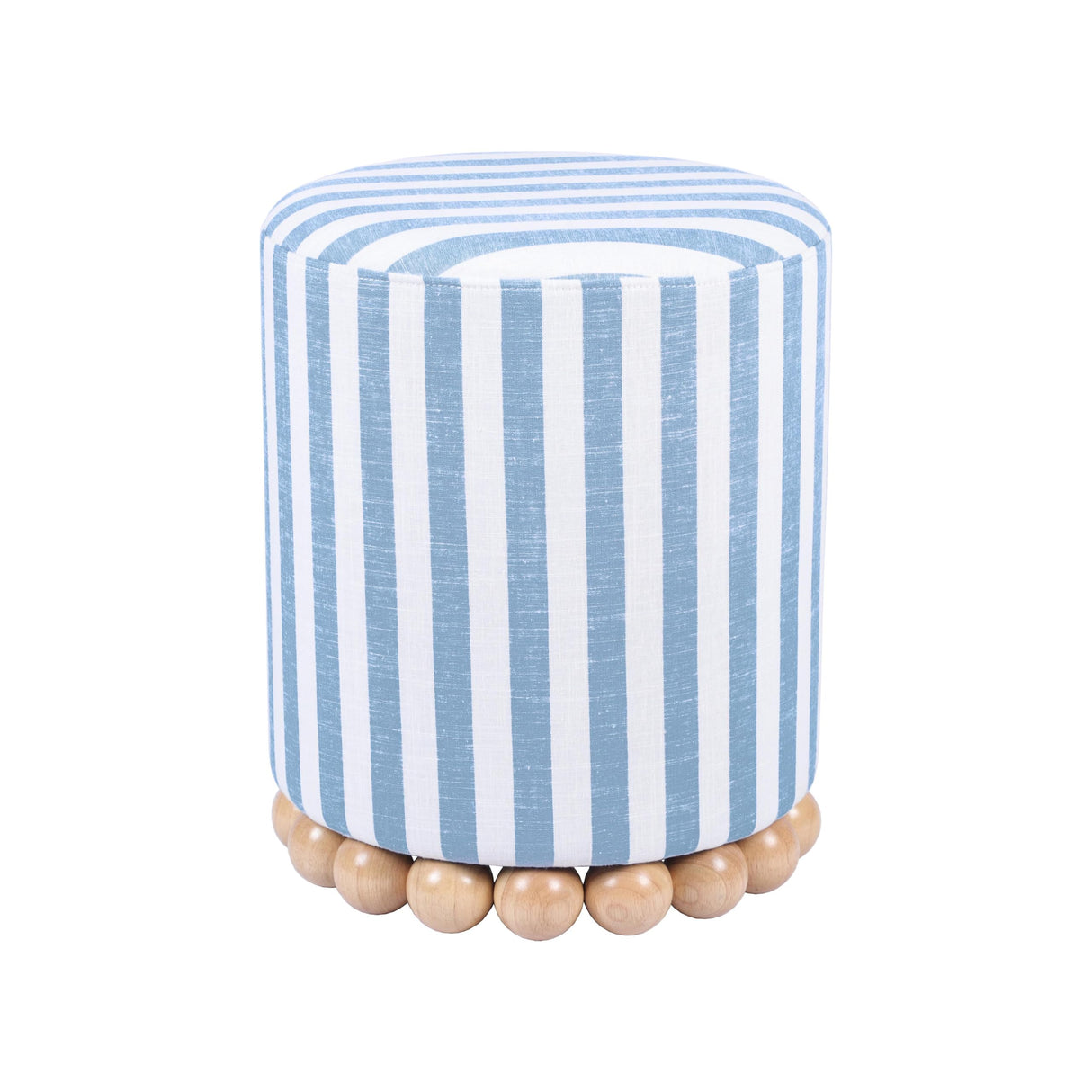 Tov Furniture Dex Pastel Blue Striped Linen Round Ottoman with Wooden Base Tov Furniture