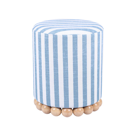Tov Furniture Dex Pastel Blue Striped Linen Round Ottoman with Wooden Base Tov Furniture