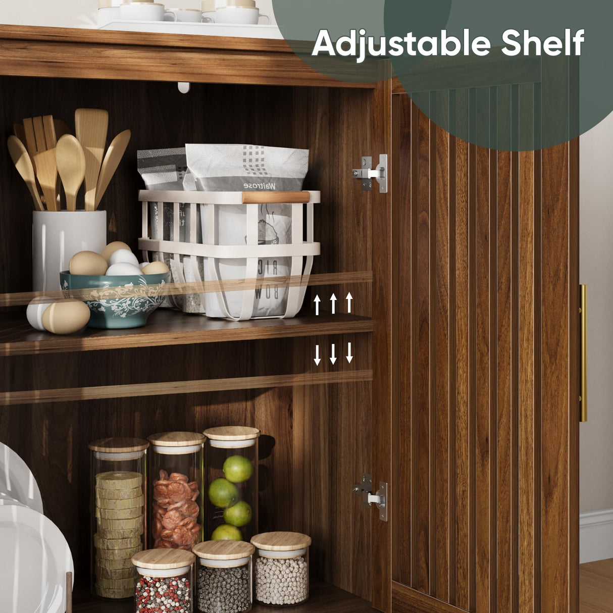 Smart FENDEE 63" Long Sideboard Buffet with 4 Louvered Doors, Farmhouse Buffet Storage Cabinet with Gold Handle, Coffee Bar Cabinet for Entryway, Kitchen, Dining Room, Living Room, Walnut Smart FENDEE