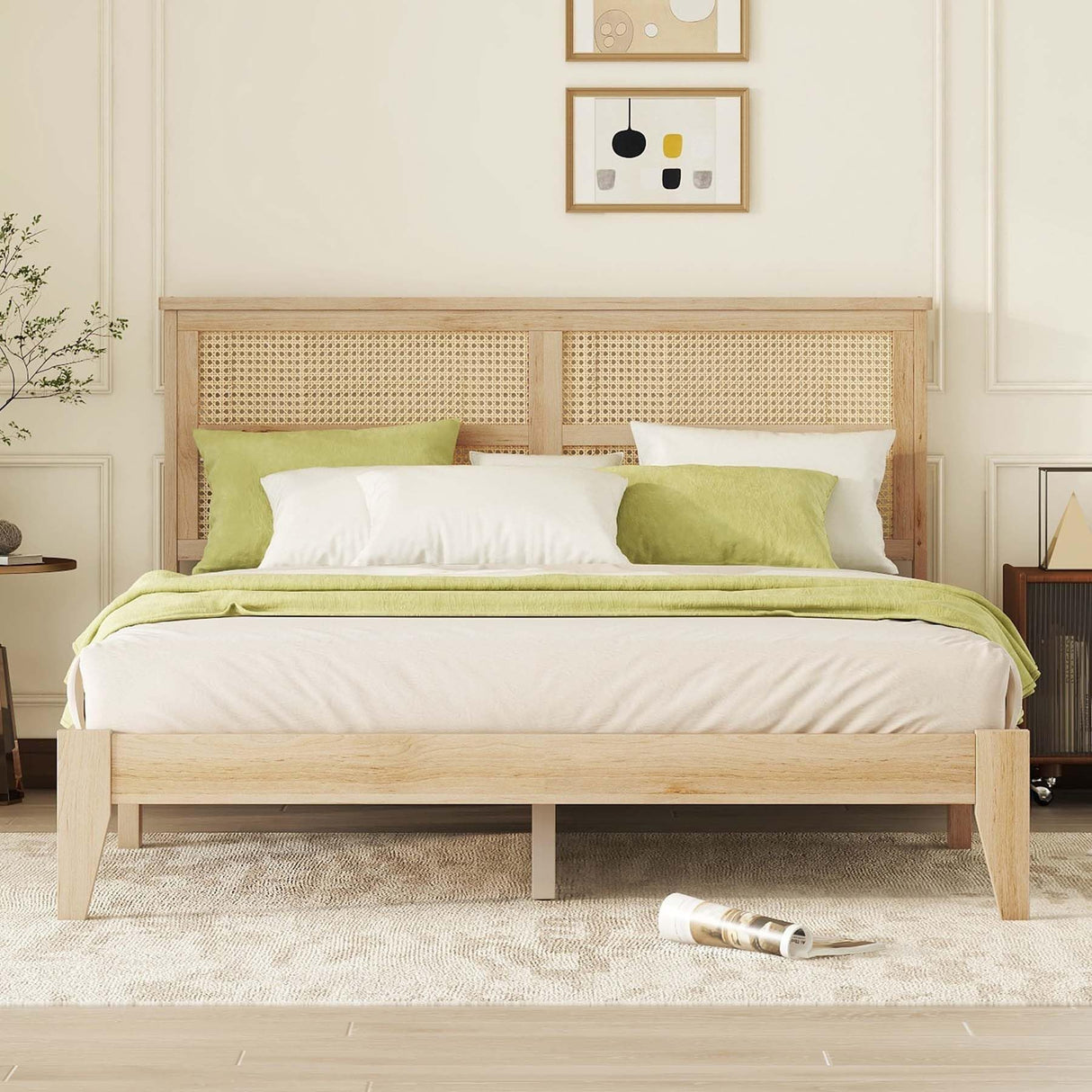 HRVEOCEI Boho Bed Frame Queen with Rattan Headboard, Rattan Bed Frame&Queen Beds Frames with Wood Legs, Solid Wood Beds Frames with Storadge Underneath,Easy Assembly (Oak White, Queens) HRVEOCEI