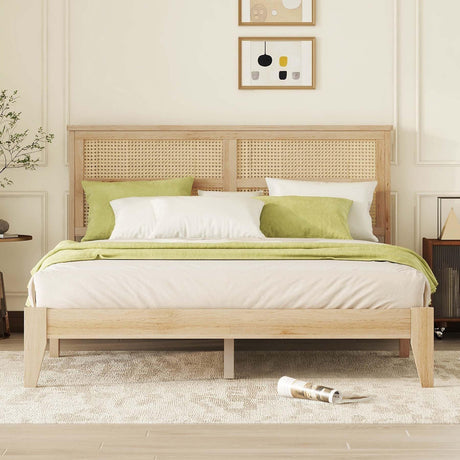 HRVEOCEI Boho Bed Frame Queen with Rattan Headboard, Rattan Bed Frame&Queen Beds Frames with Wood Legs, Solid Wood Beds Frames with Storadge Underneath,Easy Assembly (Oak White, Queens) HRVEOCEI