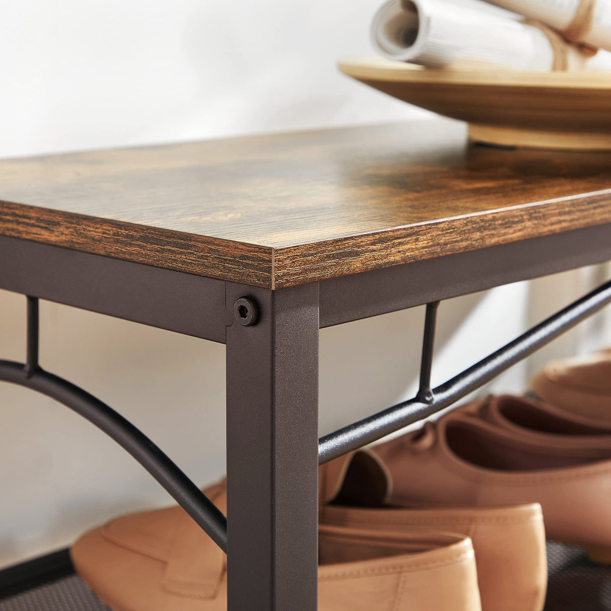 VASAGLE Coat Rack, 3-in-1 Hall Tree, Entryway Shoe Bench Coat Stand, Storage Shelves Accent Furniture Steel Frame Large Size, Industrial, Rustic Brown and Bronze UHSR45AX VASAGLE