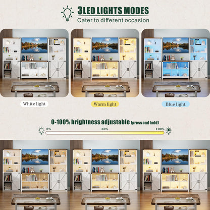 FREDEES Farmhouse White Tall Bookcase with LED Lights and Storage Cabinet, 30" W x 69" H - WoodArtSupply