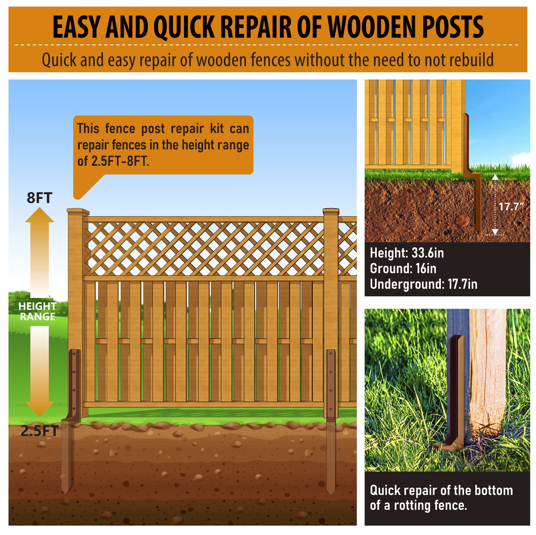 WOCEPU 2.8 FT Fence Post Repair Kit, for Repairing Broken Wooden Fence Post Repair Stakes (1pack-Brown) - WoodArtSupply