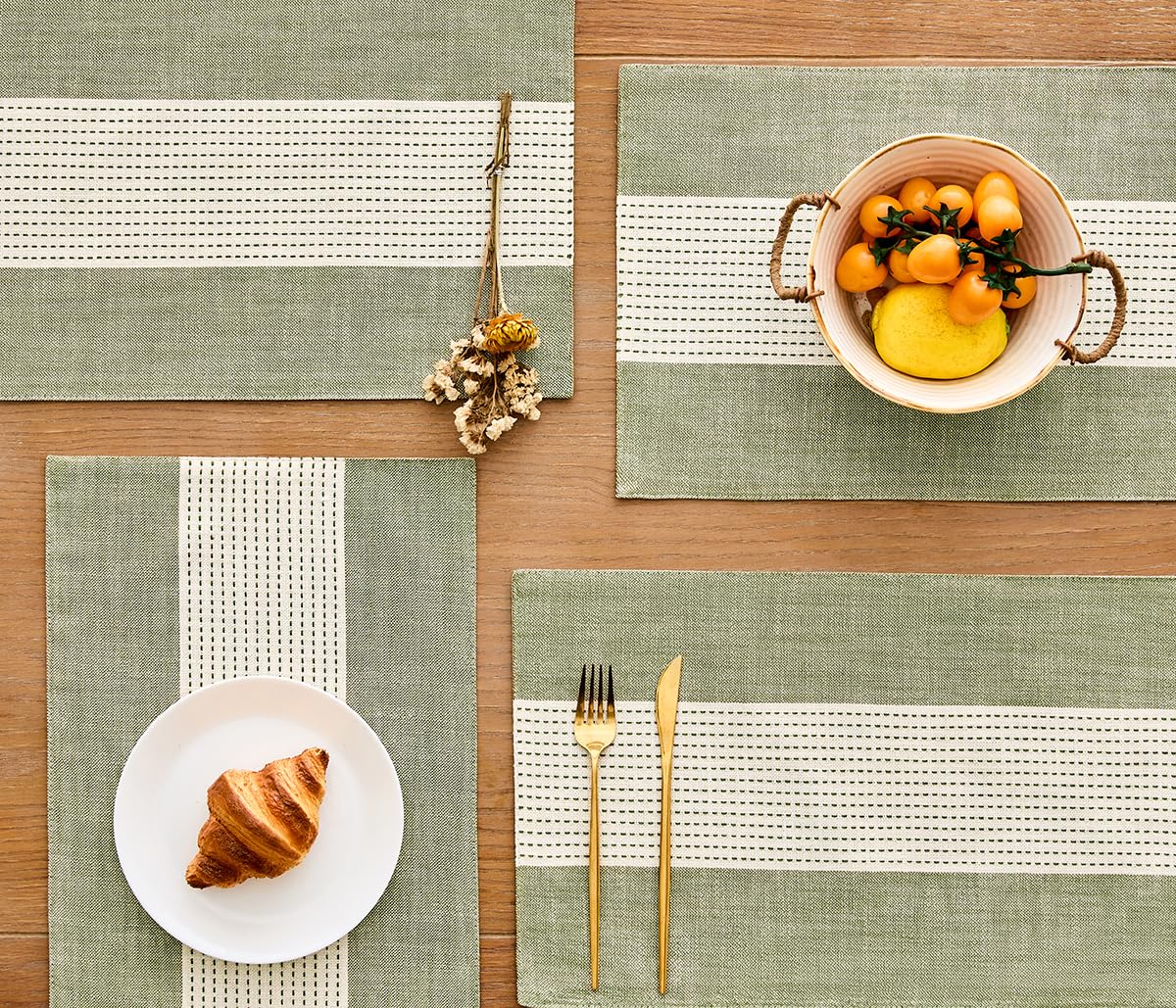 Wracra Linen Placemats, 12 x 18 Inch Set of 4 Placemats, Farmhouse Macrame Place Mats for Kitchen Table and Heat Resistant-Hemstitch Sage Green 4PCS Wracra