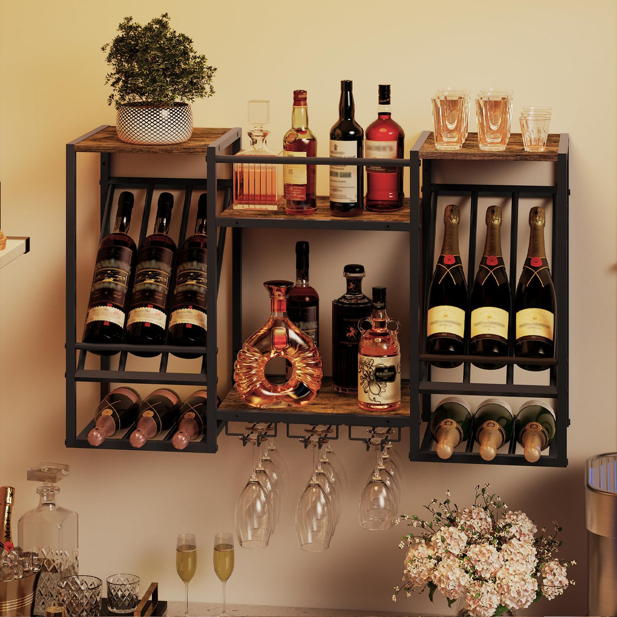 HOOBRO Wall Mounted Wine Rack, 3-Tier Wall Wine Rack, Floating Shelf with Wine Glass and Bottle Holders, Display Storage Shelf, for Dining Room, Kitchen, Living Room, Rustic Brown and Black BF23BJ01 HOOBRO
