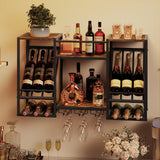 HOOBRO Wall Mounted Wine Rack, 3-Tier Wall Wine Rack, Floating Shelf with Wine Glass and Bottle Holders, Display Storage Shelf, for Dining Room, Kitchen, Living Room, Rustic Brown and Black BF23BJ01 HOOBRO