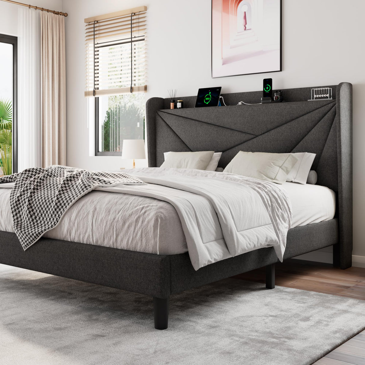 Einhomn Dark Grey Queen Size Upholstered Bed Frame with Built-in Charging Station and Storage Headboard Einhomn