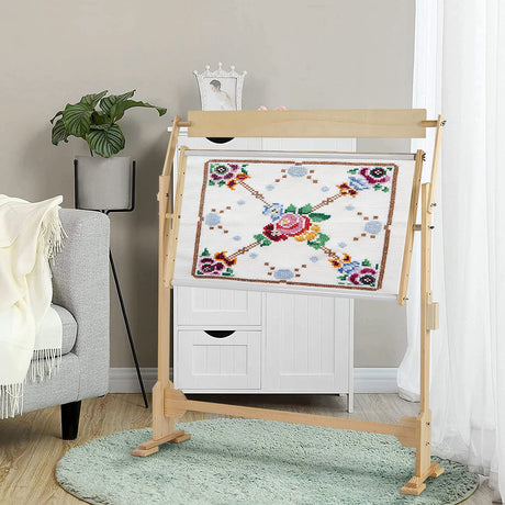 Adjustable Embroidery Stand, Wooden Frame Cross Stitch Floor Stand 360° Rotated Needlework Stand Holder Lap Table Craft Sewing Tool with Scroll Frame Ejoyous