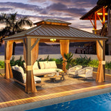 YOLENY 12' x 14' Gazebo Hardtop with Aluminum Frame,Galvanized Steel Double Roof Gazebos with Curtain and Netting,Outdoor Metal Pergolas for Garden, Lawn, Deck, Brown YOLENY